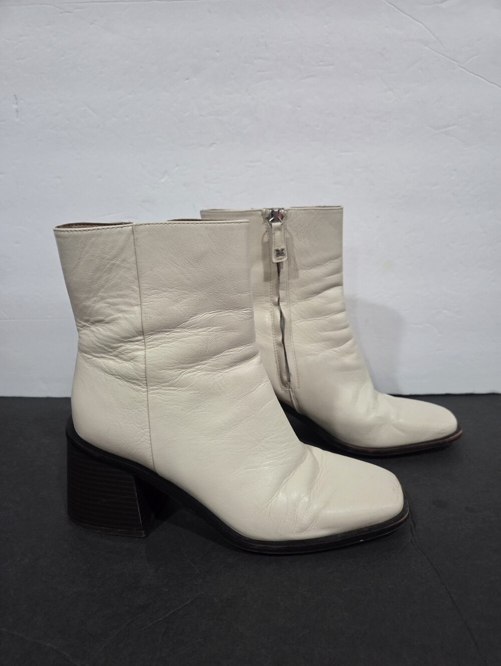 Sam Edelman Cream Leather Block Heel Ankle Boots - Women's Sz.8 1/2